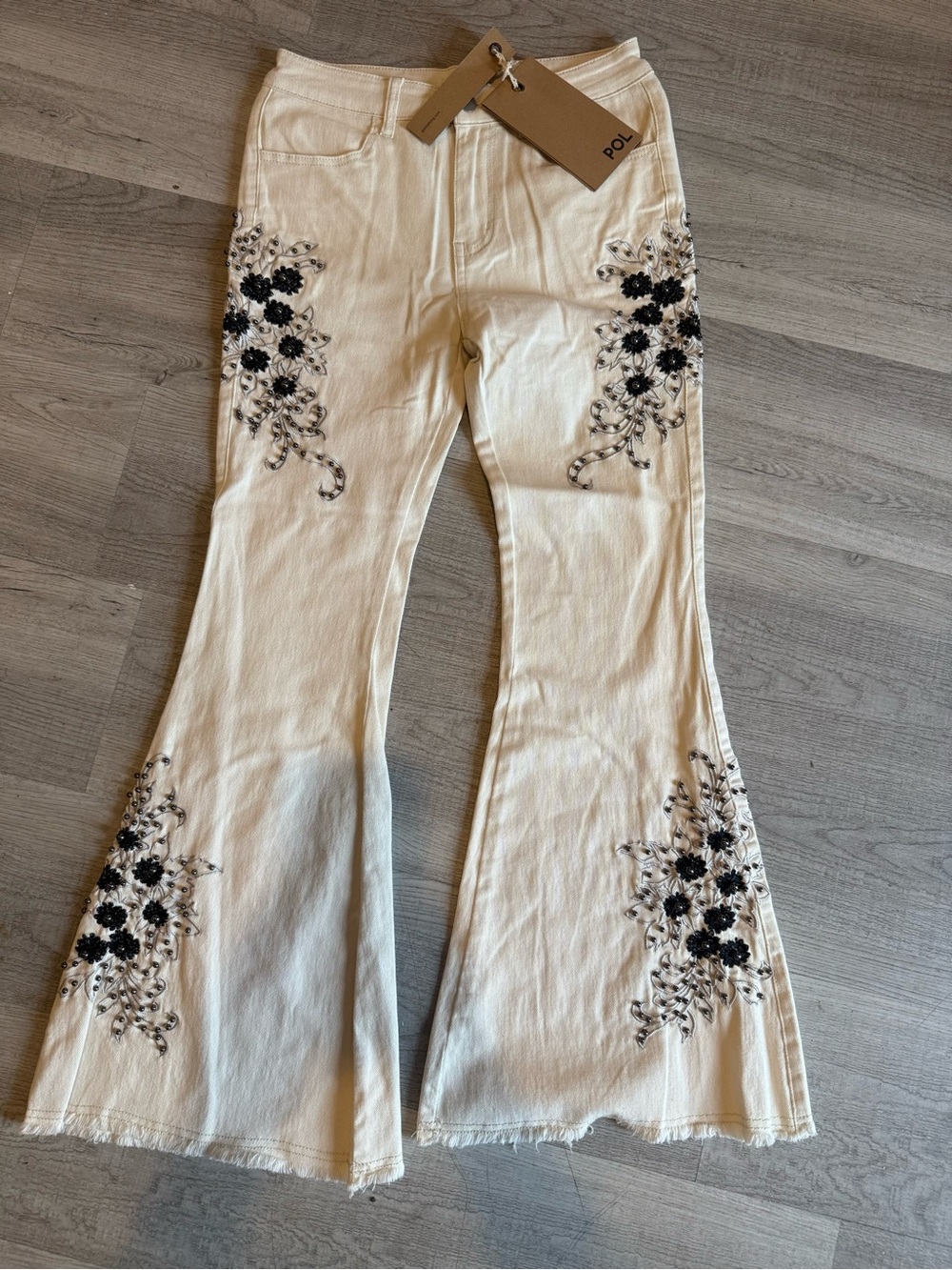 POL Cream Flare Jeans with Black Embroidered Floral Detail